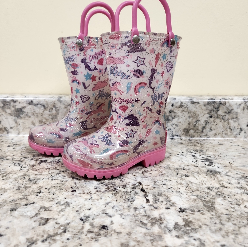 Magellan Toddler Girls Glitter Unicorn Clouds Pink Blue Purple Rain Boots Size 5